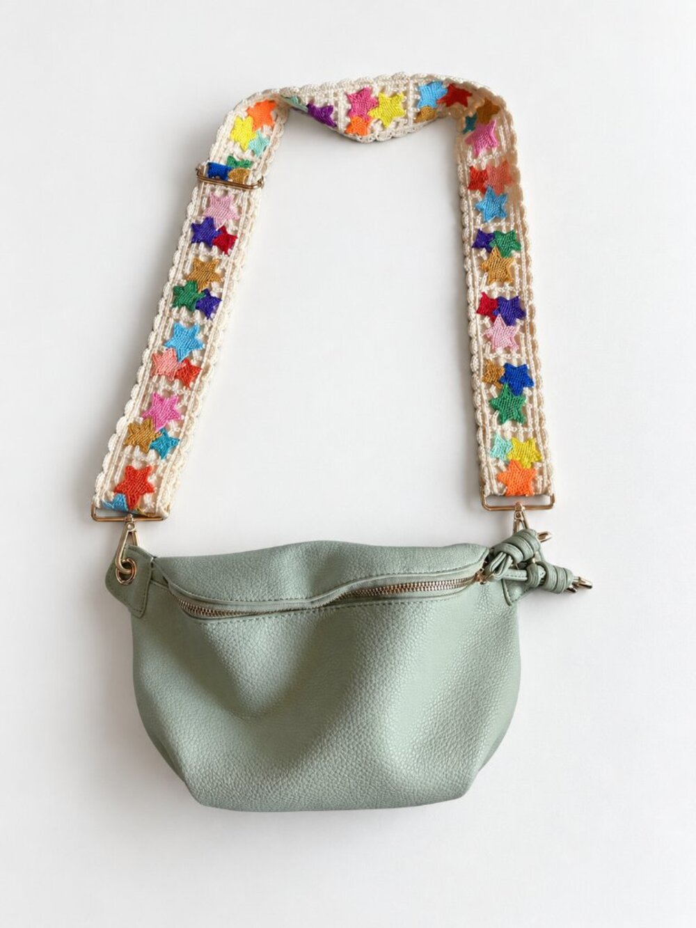 Sage Green Crescent Crossbody Bag with Colorful Crochet Star Strap Zip Purse